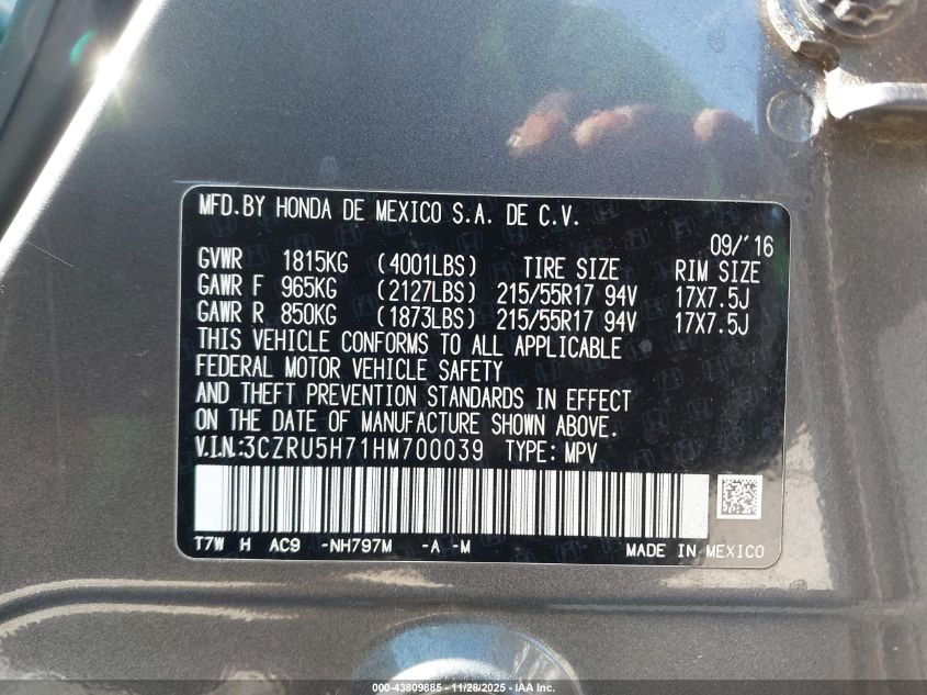 2017 Honda Hr-V Ex-L VIN: 3CZRU5H71HM700039 Lot: 43809885