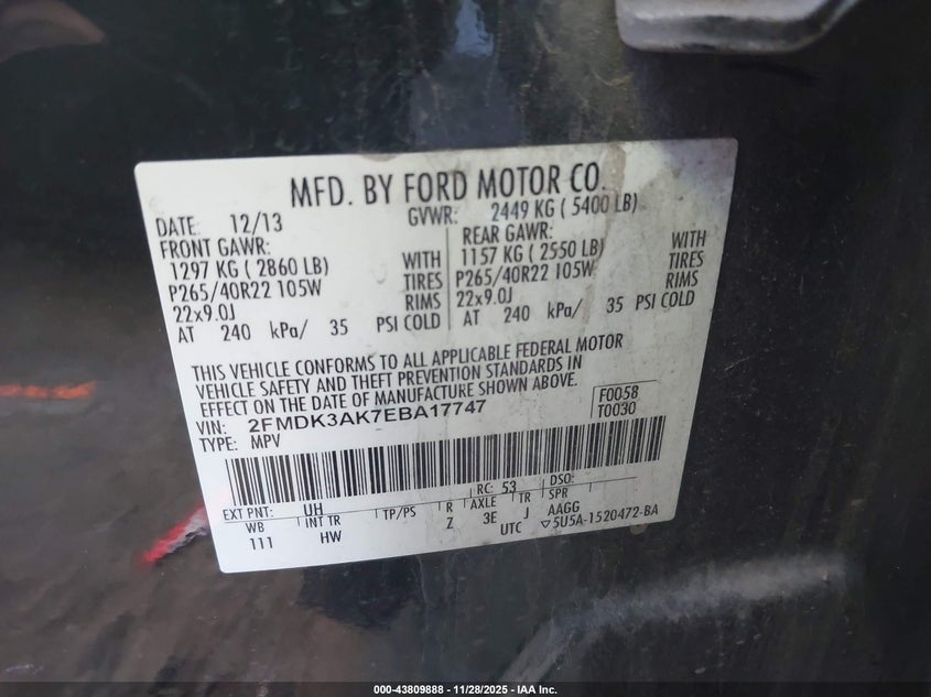 2014 Ford Edge Sport VIN: 2FMDK3AK7EBA17747 Lot: 43809888