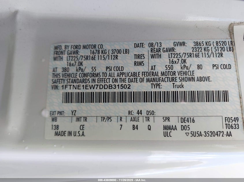 2013 Ford E-150 Commercial VIN: 1FTNE1EW7DDB31502 Lot: 43809890