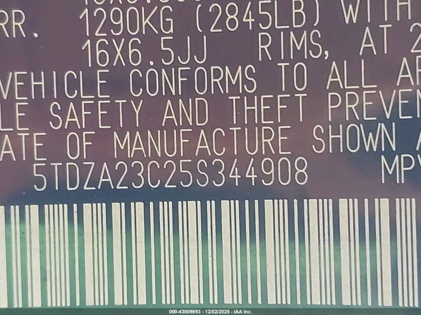 2005 Toyota Sienna Le VIN: 5TDZA23C25S344908 Lot: 43809893
