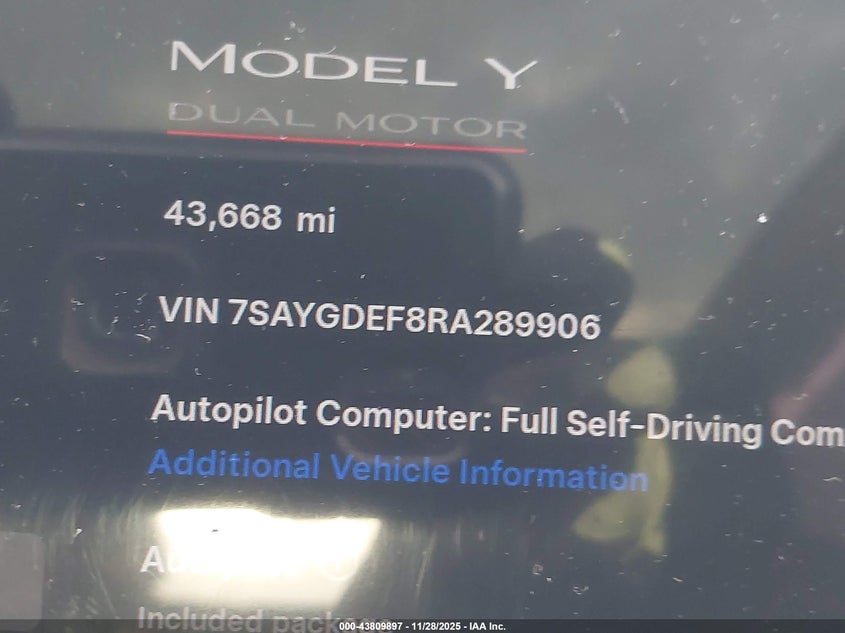 2024 Tesla Model Y Performance Dual Motor All-Wheel Drive VIN: 7SAYGDEF8RA289906 Lot: 43809897