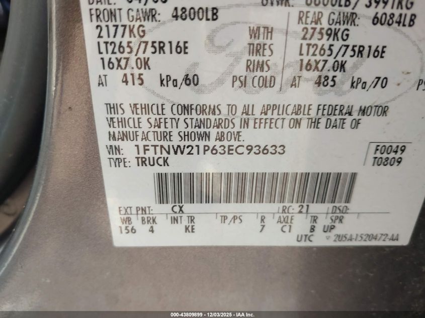 2003 Ford F-250 Lariat/Xl/Xlt VIN: 1FTNW21P63EC93633 Lot: 43809899