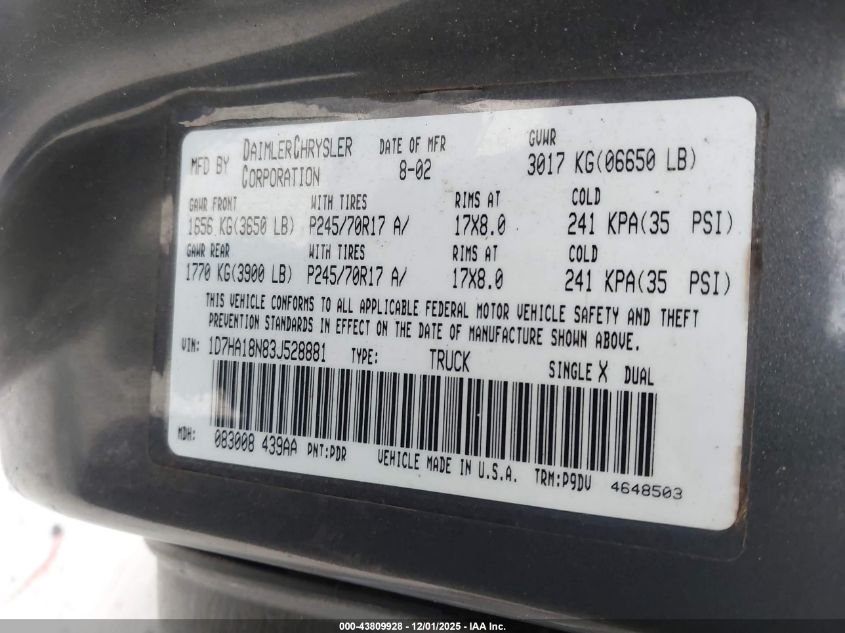 2003 Dodge Ram 1500 Slt/Laramie/St VIN: 1D7HA18N83J528881 Lot: 43809928