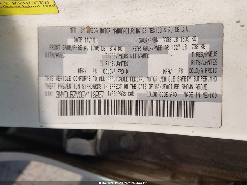 2016 Scion Ia VIN: 3MYDLBZV0GY118957 Lot: 43809931