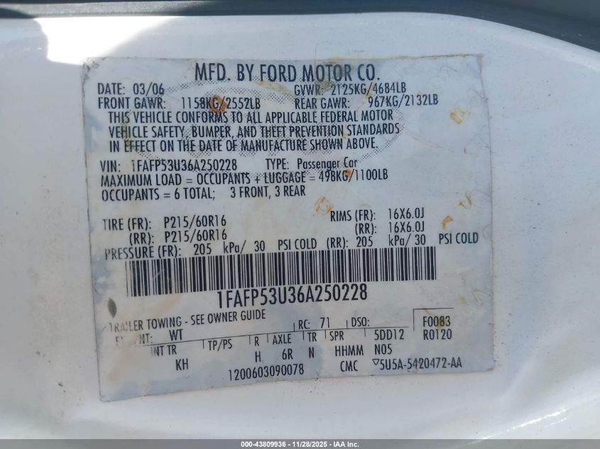 2006 Ford Taurus Se VIN: 1FAFP53U36A250228 Lot: 43809936