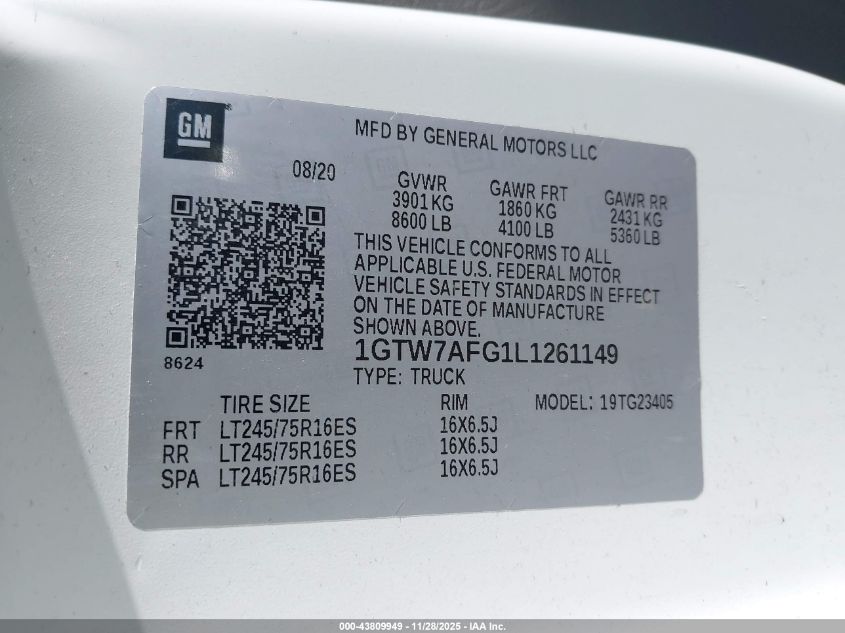 2020 GMC Savana Cargo Rwd 2500 Regular Wheelbase Work Van VIN: 1GTW7AFG1L1261149 Lot: 43809949