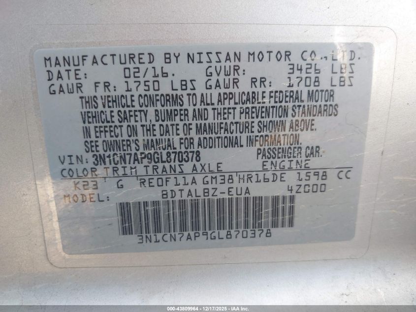 2016 Nissan Versa 1.6 Sv VIN: 3N1CN7AP9GL870378 Lot: 43809964