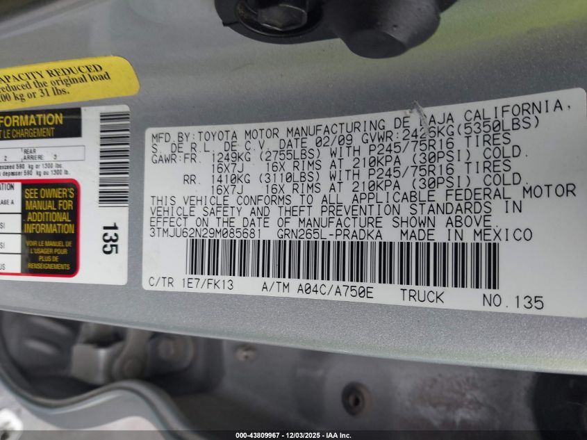 2009 Toyota Tacoma Prerunner V6 VIN: 3TMJU62N29M085681 Lot: 43809967