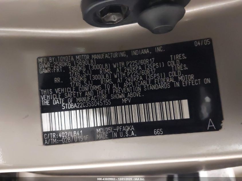 2005 Toyota Sienna Xle/Xle Limited VIN: 5TDBA22C35S045155 Lot: 43809983