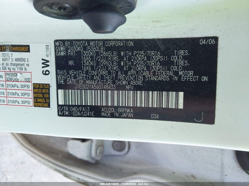 2006 Toyota Highlander VIN: JTEDD21A560148433 Lot: 43810005