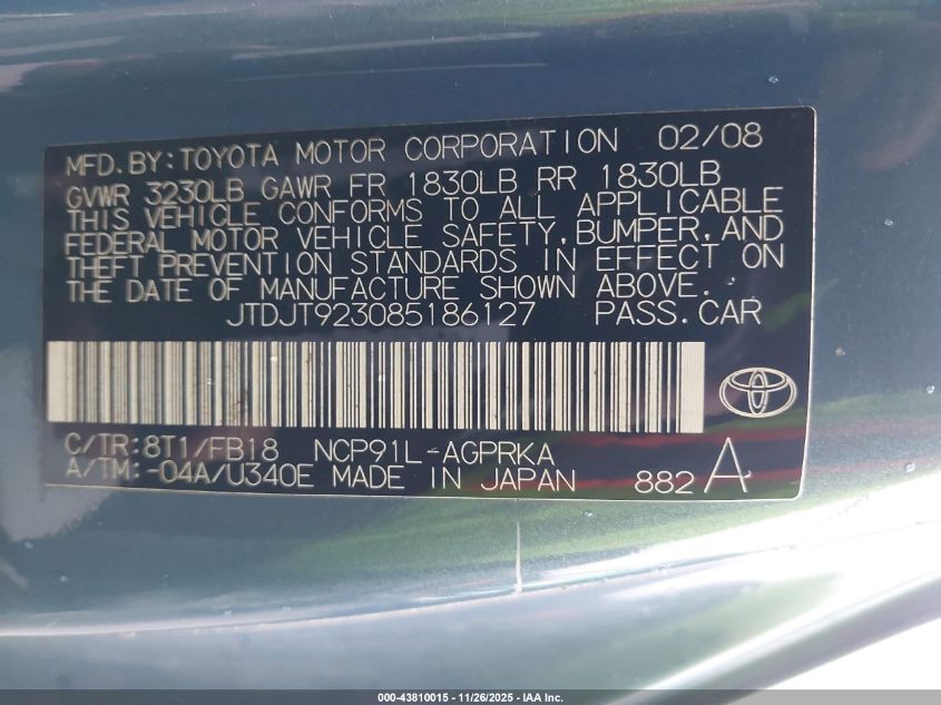 2008 Toyota Yaris VIN: JTDJT923085186127 Lot: 43810015