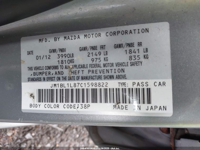 2012 Mazda Mazda3 I Touring VIN: JM1BL1L87C1598822 Lot: 43810035