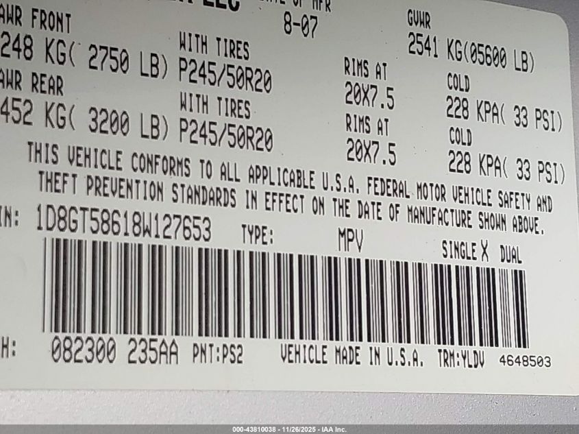 2008 Dodge Nitro Slt/Rt VIN: 1D8GT58618W127653 Lot: 43810038