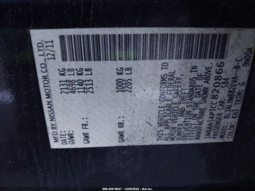 2012 Nissan Maxima 3.5 Sv VIN: 1N4AA5AP3CC820866 Lot: 43810047