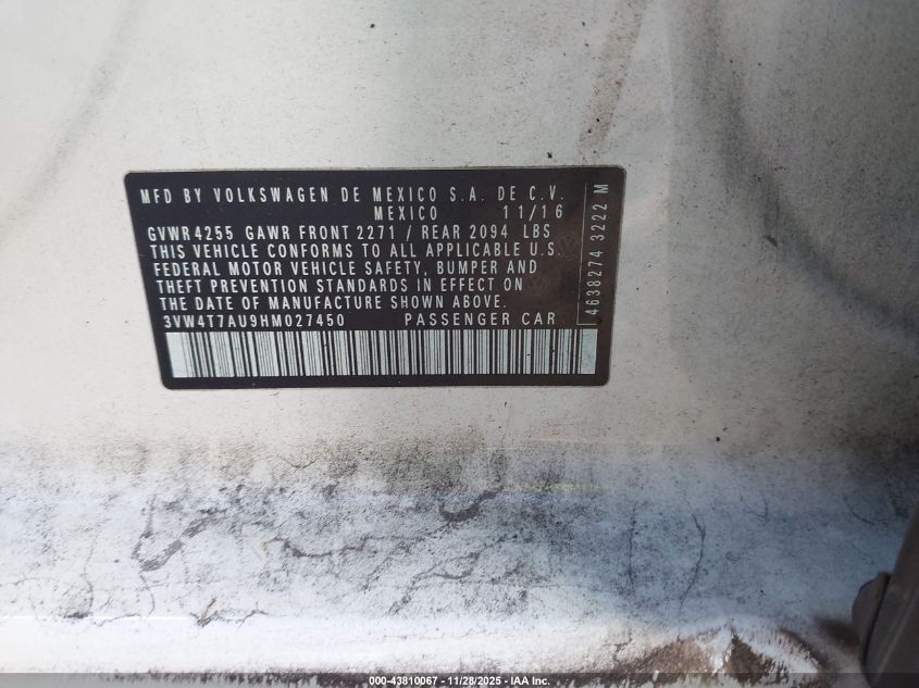 2017 Volkswagen Golf Gti Autobahn 4-Door/S 4-Door/Se 4-Door/Sport VIN: 3VW4T7AU9HM027450 Lot: 43810067