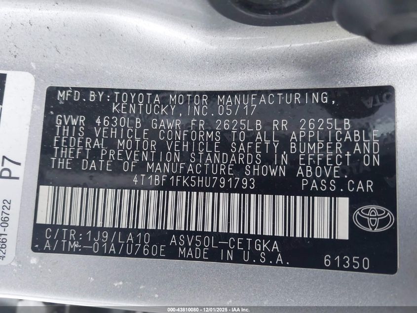 2017 Toyota Camry Xle VIN: 4T1BF1FK5HU791793 Lot: 43810080