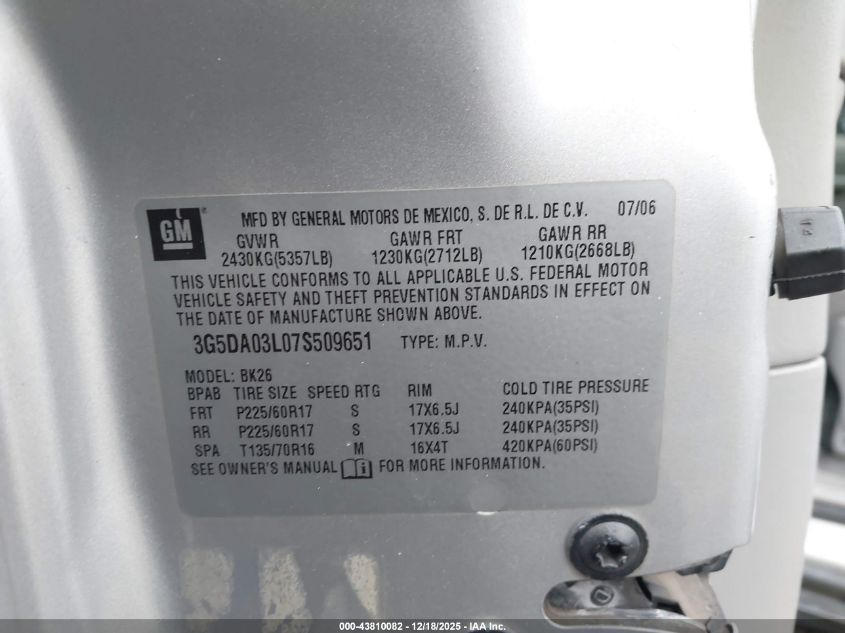 2007 Buick Rendezvous Cx VIN: 3G5DA03L07S509651 Lot: 43810082