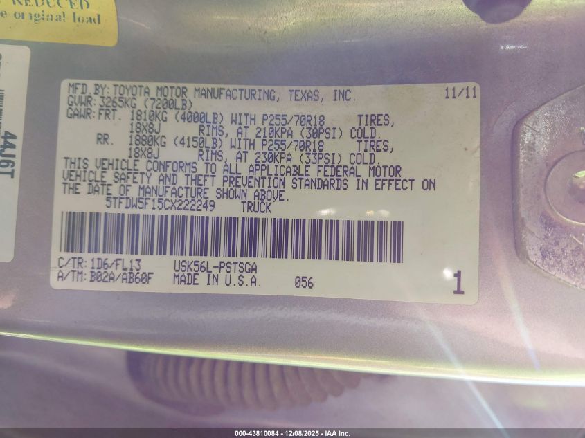 2012 Toyota Tundra Grade 5.7L V8 VIN: 5TFDW5F15CX222249 Lot: 43810084