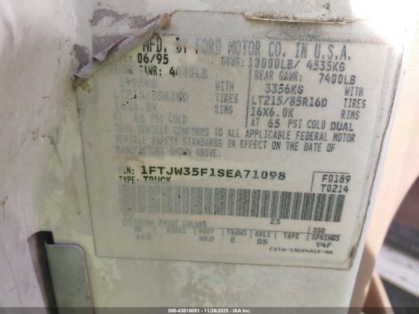 1995 Ford F350 VIN: 1FTJW35F1SEA71098 Lot: 43810091