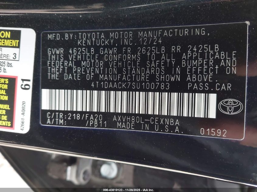 2025 Toyota Camry Le VIN: 4T1DAACK7SU100783 Lot: 43810123