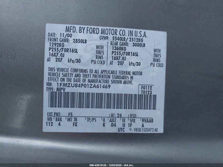 2001 Ford Explorer Eddie Bauer VIN: 1FMZU84P01ZA61469 Lot: 43810124