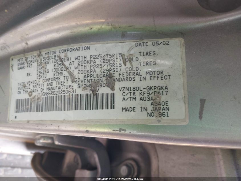 2002 Toyota 4Runner Sr5 V6 VIN: JT3GN86R620250631 Lot: 43810131