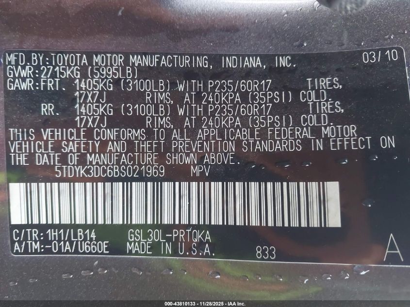 2011 Toyota Sienna Xle V6 VIN: 5TDYK3DC6BS021969 Lot: 43810133