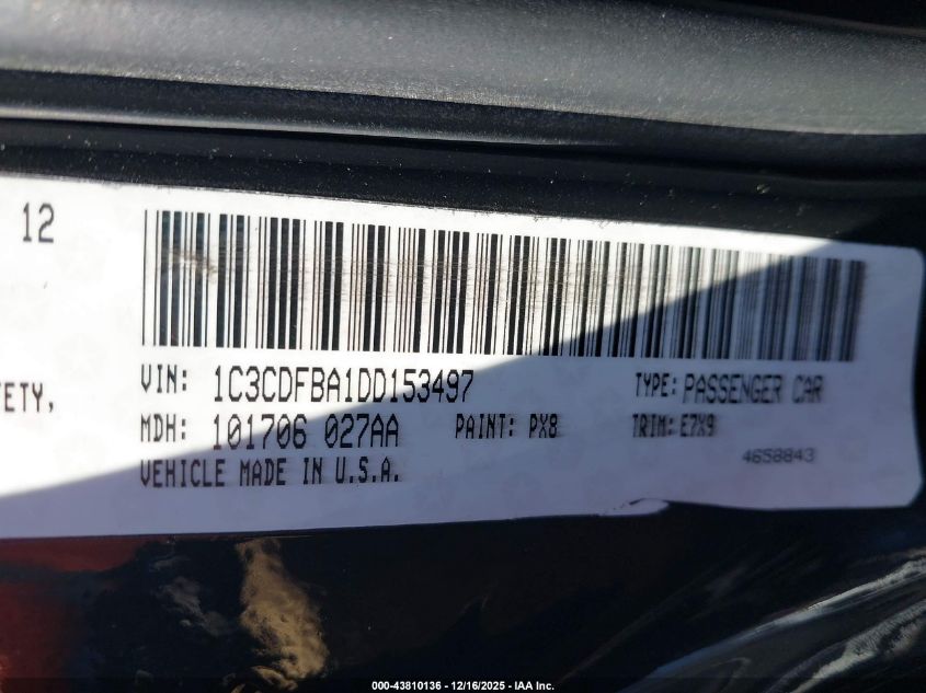 2013 Dodge Dart Sxt VIN: 1C3CDFBA1DD153497 Lot: 43810136