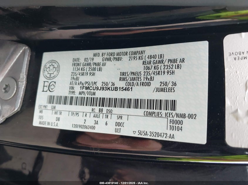 1FMCU9J93KUB15461 2019 FORD ESCAPE photo no. 9