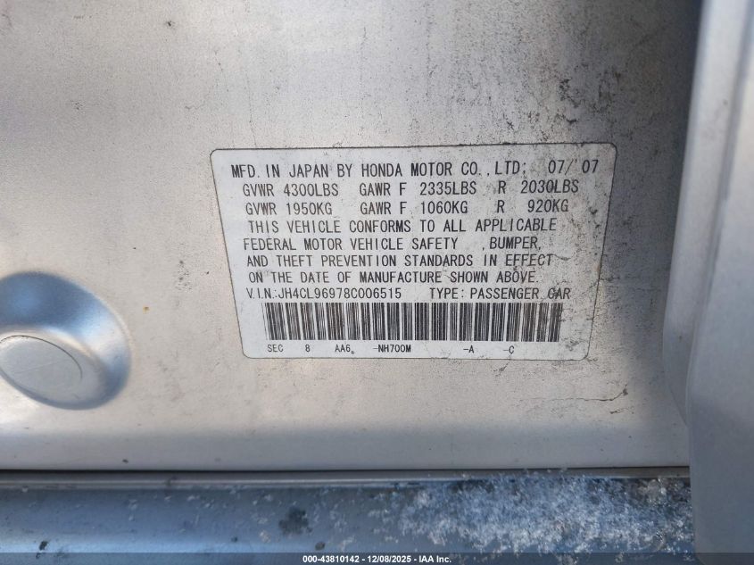 2008 Acura Tsx VIN: JH4CL96978C006515 Lot: 43810142