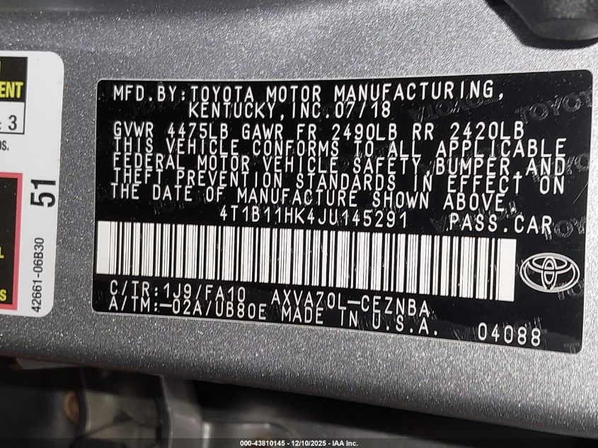 2018 Toyota Camry Le VIN: 4T1B11HK4JU145291 Lot: 43810145