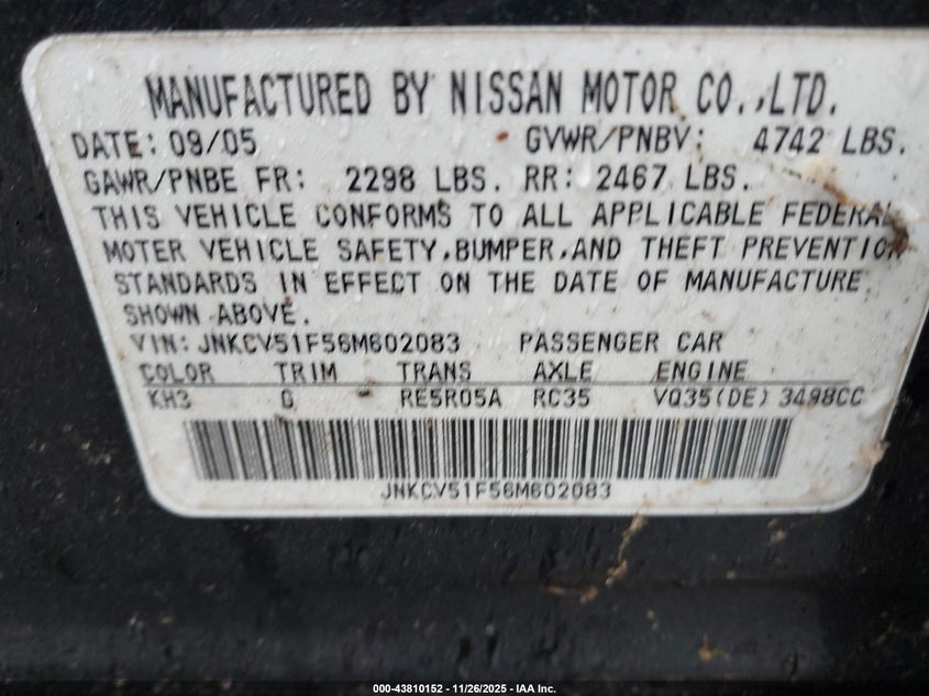 2006 Infiniti G35X VIN: JNKCV51F56M602083 Lot: 43810152