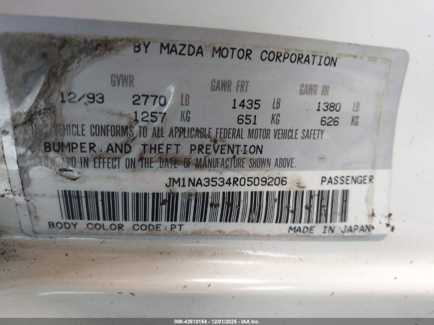 1994 Mazda Mx-5 Miata VIN: JM1NA3534R0509206 Lot: 43810154