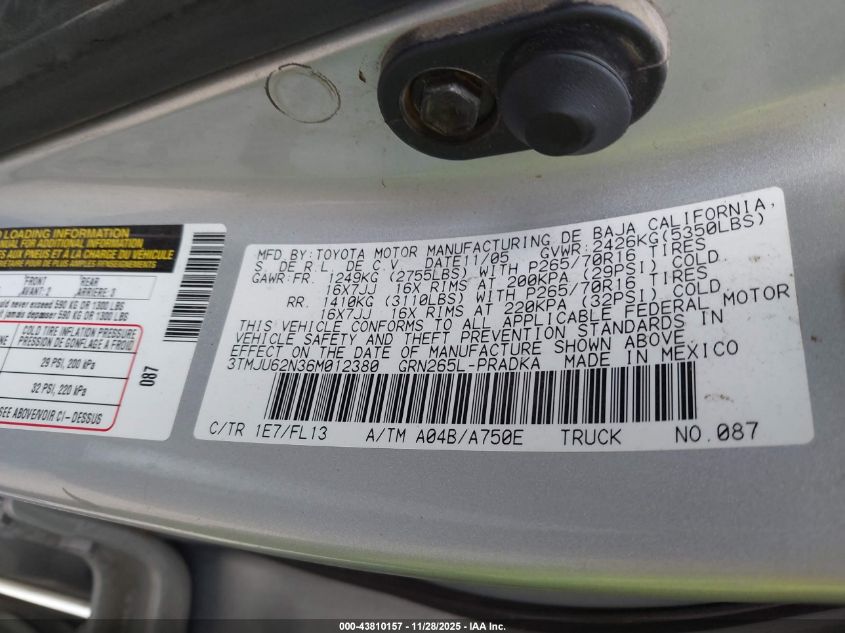 2006 Toyota Tacoma Prerunner V6 VIN: 3TMJU62N36M012380 Lot: 43810157