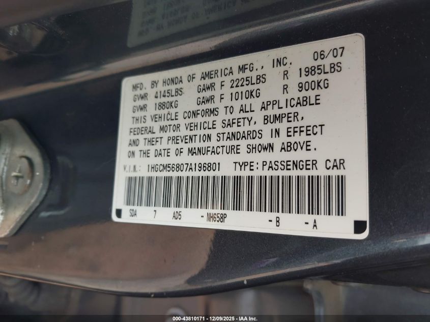 2007 Honda Accord 2.4 Ex VIN: 1HGCM56807A196801 Lot: 43810171