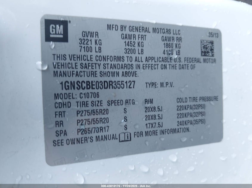 2013 Chevrolet Tahoe Lt VIN: 1GNSCBE03DR355127 Lot: 43810176