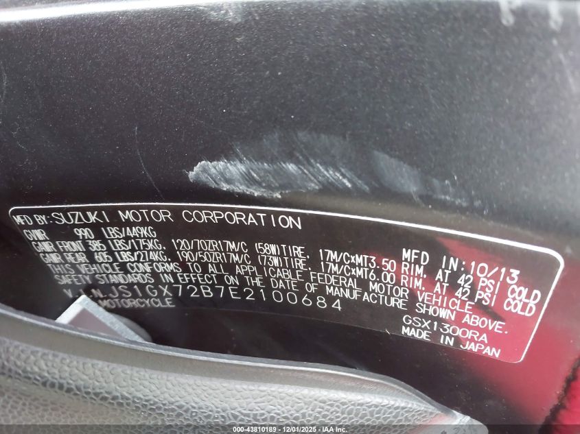 2014 Suzuki Gsx1300 Ra VIN: JS1GX72B7E2100684 Lot: 43810189