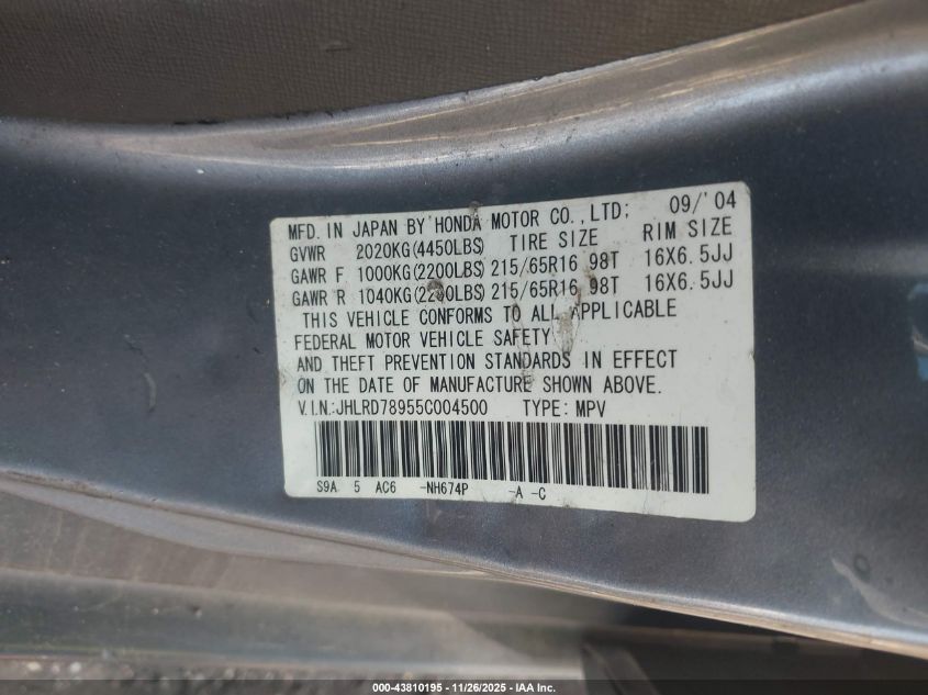 2005 Honda Cr-V Se VIN: JHLRD78955C004500 Lot: 43810195