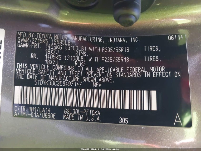 2014 Toyota Sienna Limited V6 7 Passenger VIN: 5TDYK3DC3ES497147 Lot: 43810206