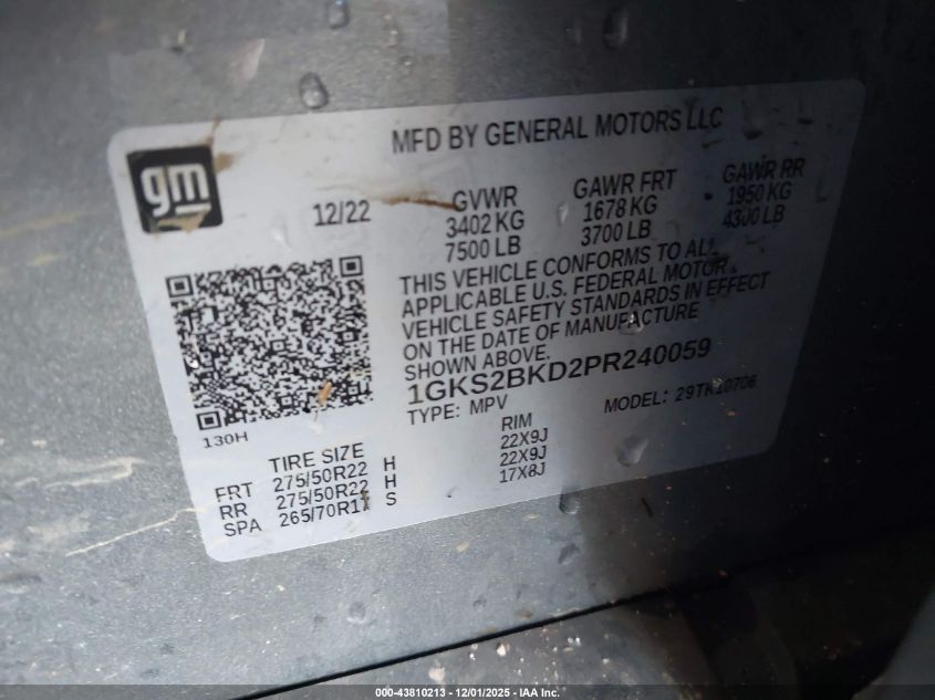 2023 GMC Yukon 4Wd Slt VIN: 1GKS2BKD2PR240059 Lot: 43810213
