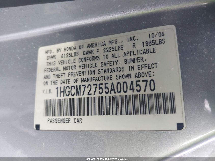 2005 Honda Accord 2.4 Ex VIN: 1HGCM72755A004570 Lot: 43810217