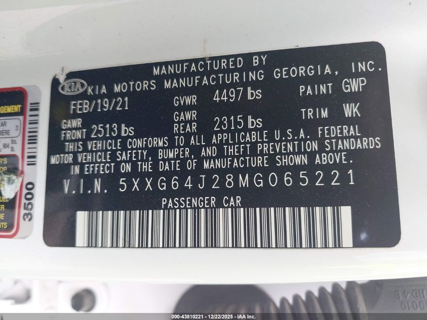 2021 Kia K5 Gt-Line VIN: 5XXG64J28MG065221 Lot: 43810221