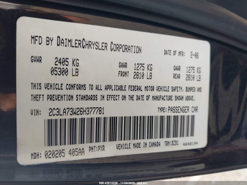 2006 Chrysler 300C Srt8 VIN: 2C3LA73W26H377781 Lot: 43810226