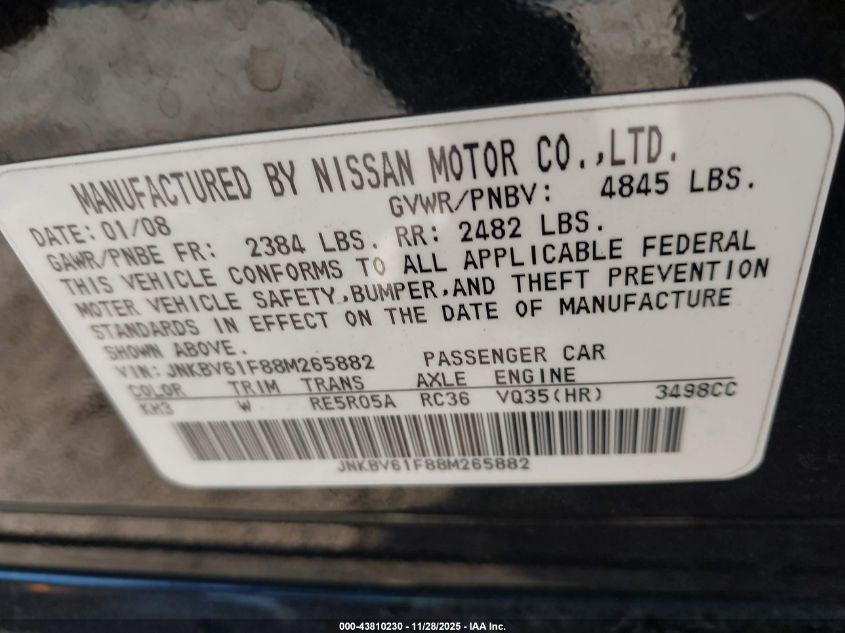 2008 Infiniti G35X VIN: JNKBV61F88M265882 Lot: 43810230