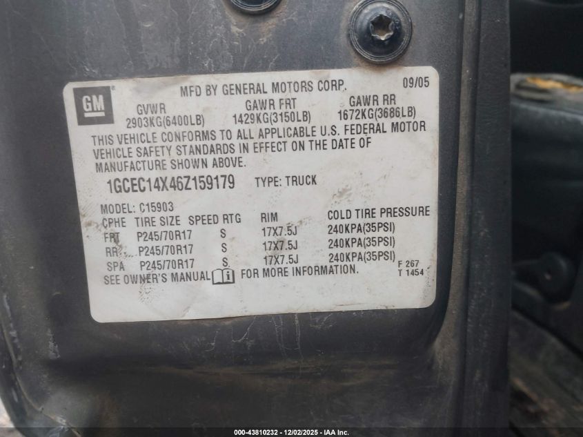 2006 Chevrolet Silverado 1500 Work Truck VIN: 1GCEC14X46Z159179 Lot: 43810232