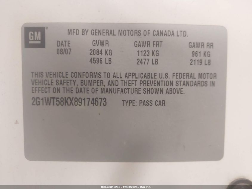 2008 Chevrolet Impala Lt VIN: 2G1WT58KX89174673 Lot: 43810235