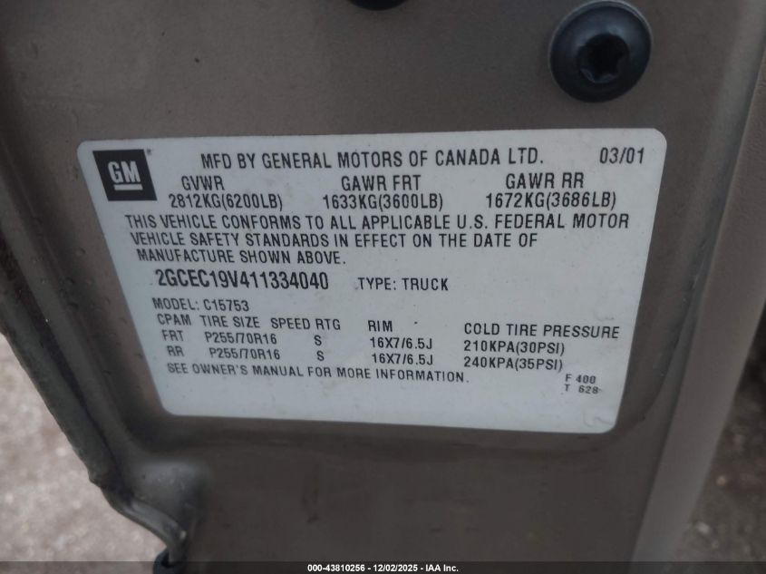 2001 Chevrolet Silverado 1500 Ls VIN: 2GCEC19V411334040 Lot: 43810256