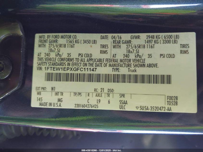 2016 Ford F-150 Xlt VIN: 1FTEW1EPXGFC11147 Lot: 43810266