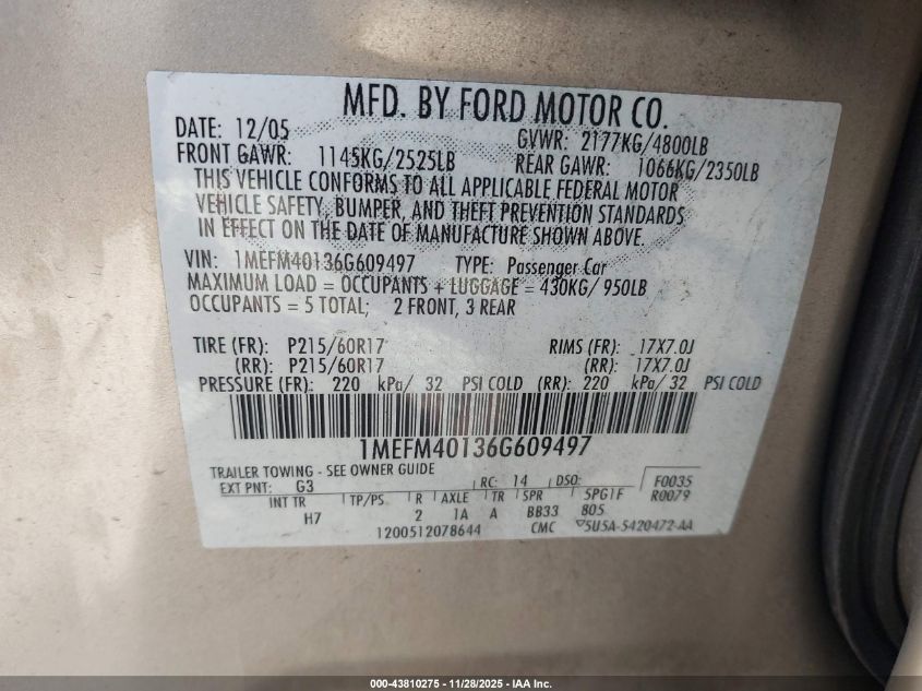 2006 Mercury Montego Luxury VIN: 1MEFM40136G609497 Lot: 43810275