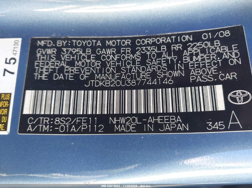 2008 Toyota Prius VIN: JTDKB20U387744146 Lot: 43810283